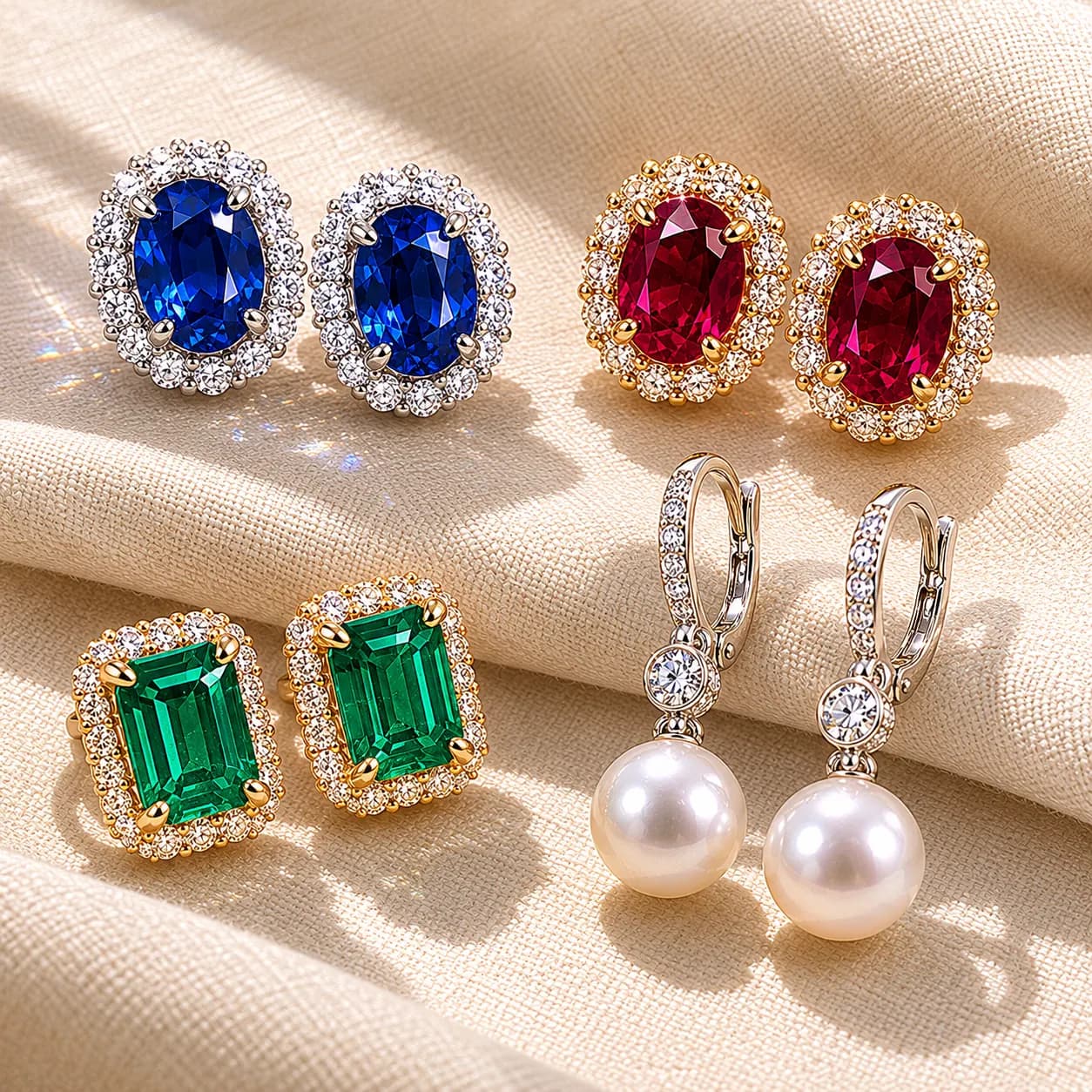 Sapphire earrings, ruby earrings, emerald earrings, and pearl earrings at ATL Luxury Jewelry Atlanta