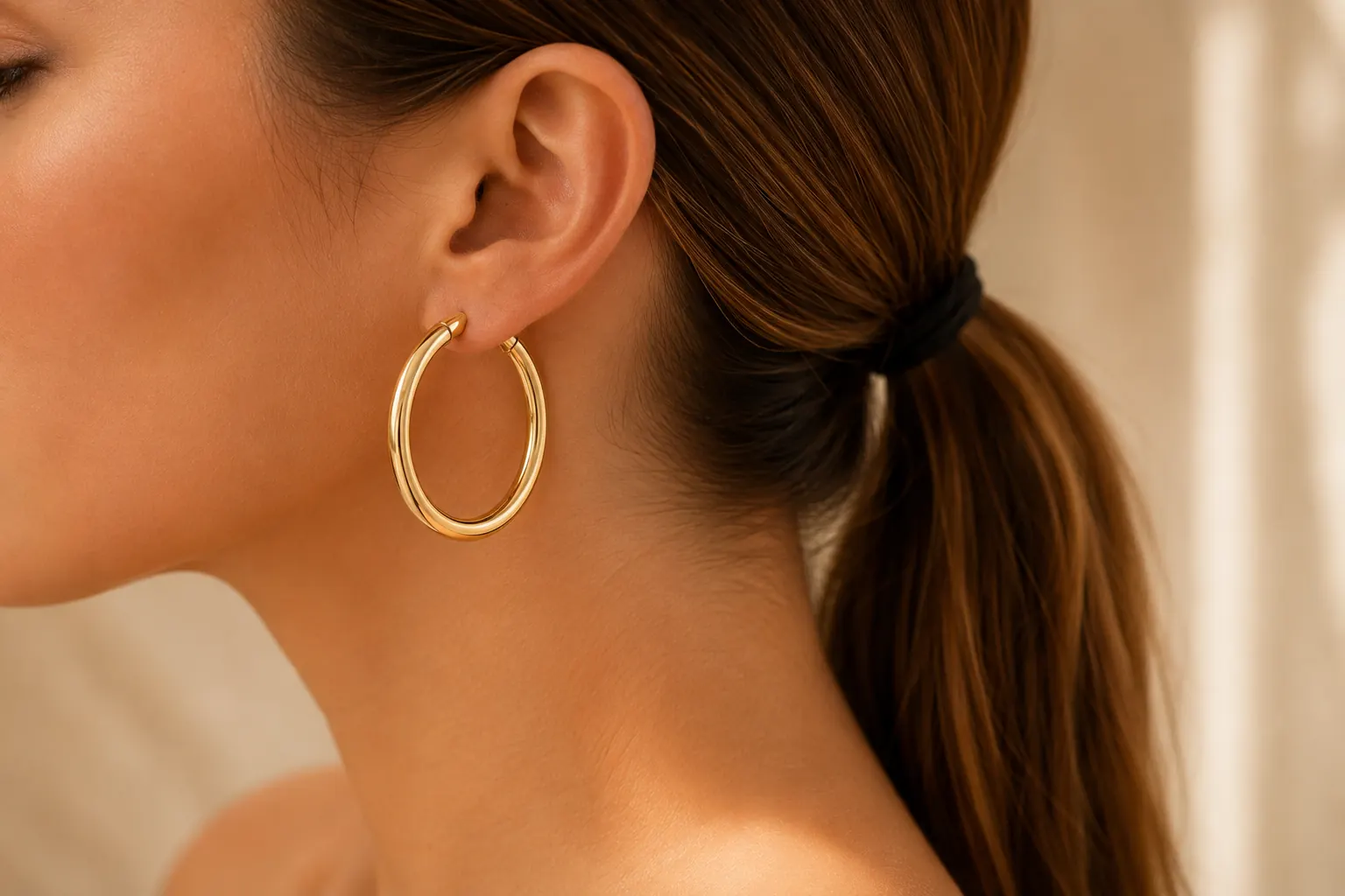 Gold hoop earrings worn at ATL Luxury Jewelry showroom