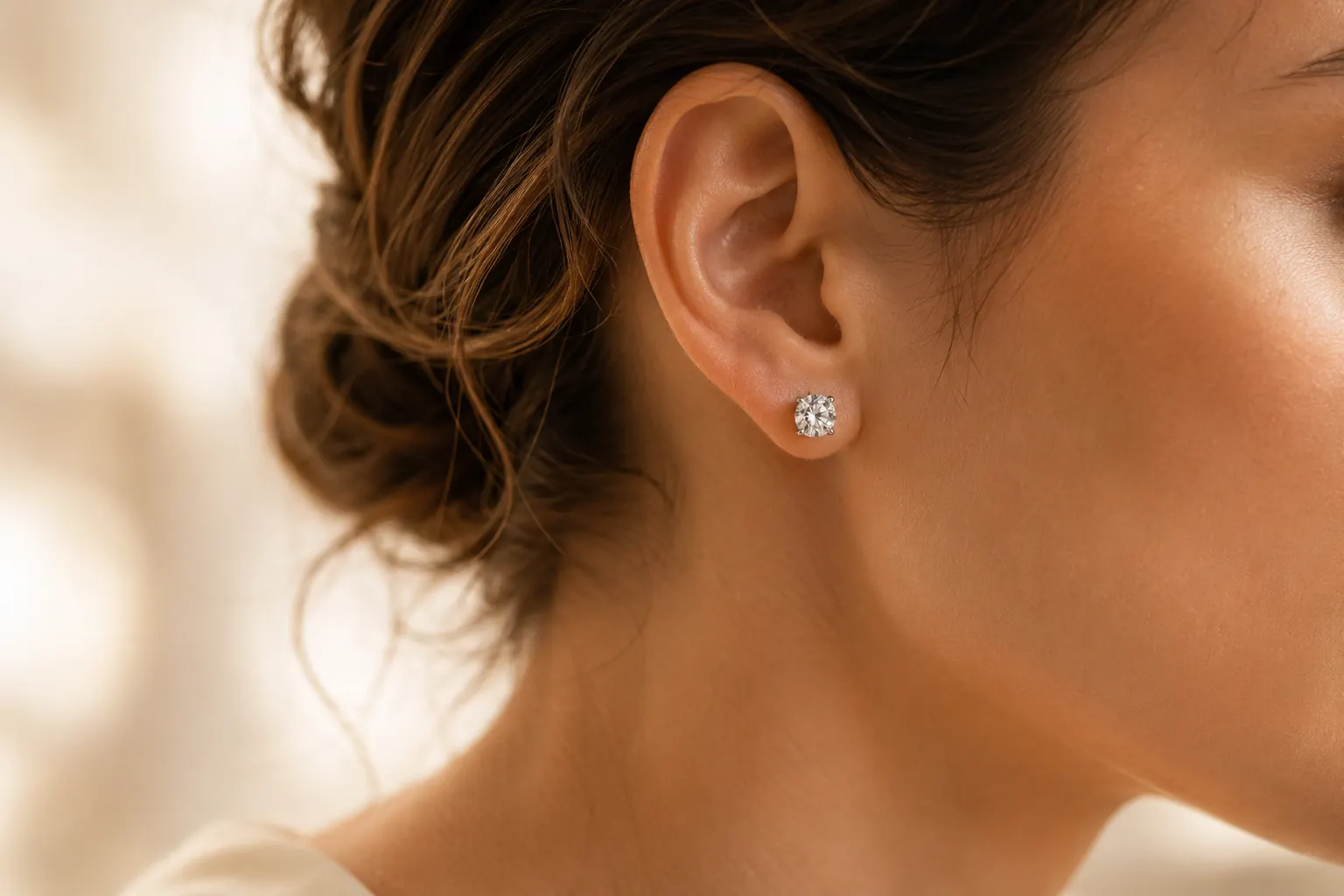 Diamond stud earrings worn at ATL Luxury Jewelry showroom