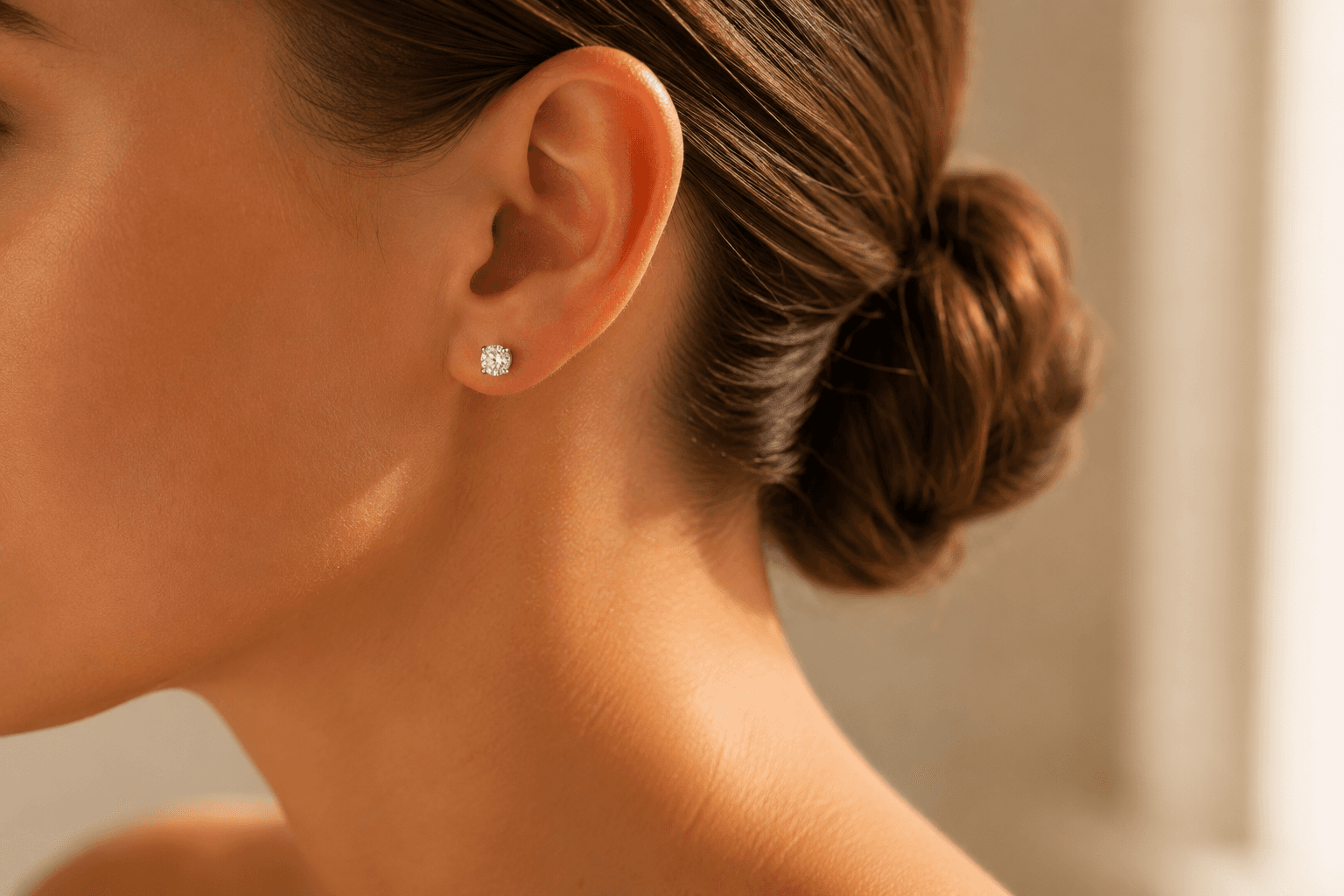 Diamond stud earring worn at ATL Luxury Jewelers showroom