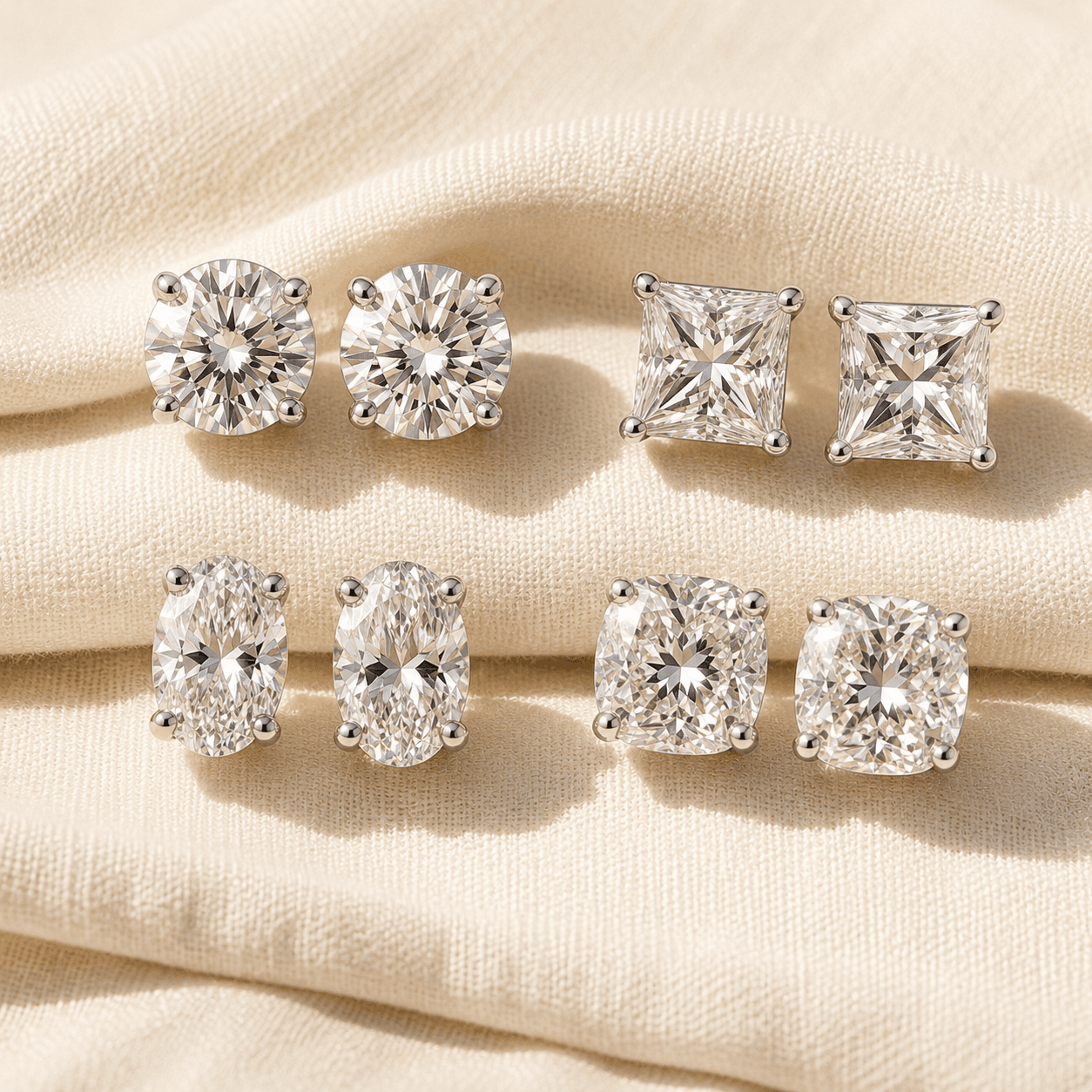 Diamond stud earrings in round, princess, oval, and cushion cut shapes at ATL Luxury Jewelers Atlanta