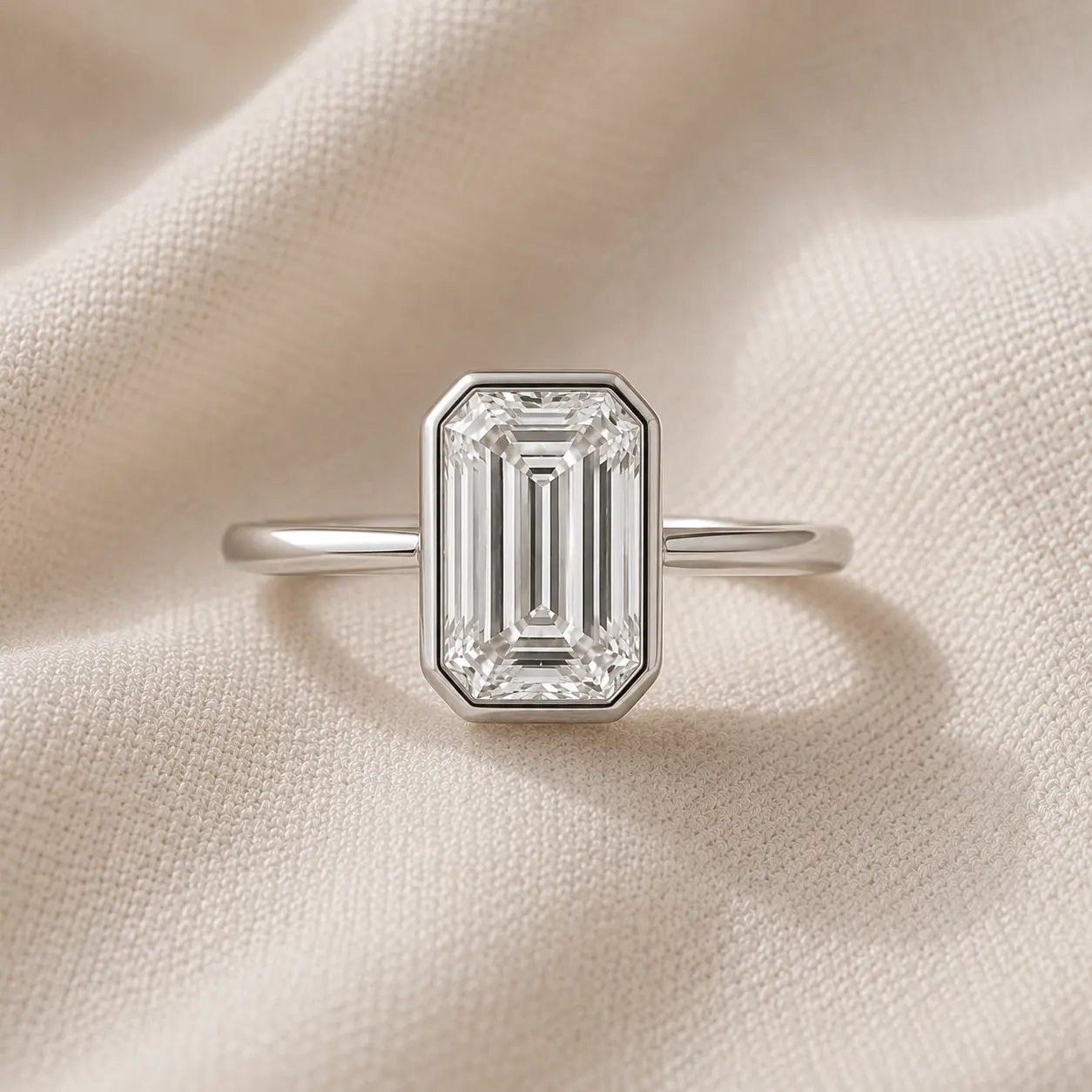 Bezel-set emerald cut engagement ring in white gold