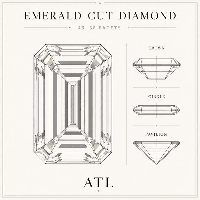 Emerald cut diamond facet diagram showing parallel step-cut faceting and rectangular outline with cropped corners