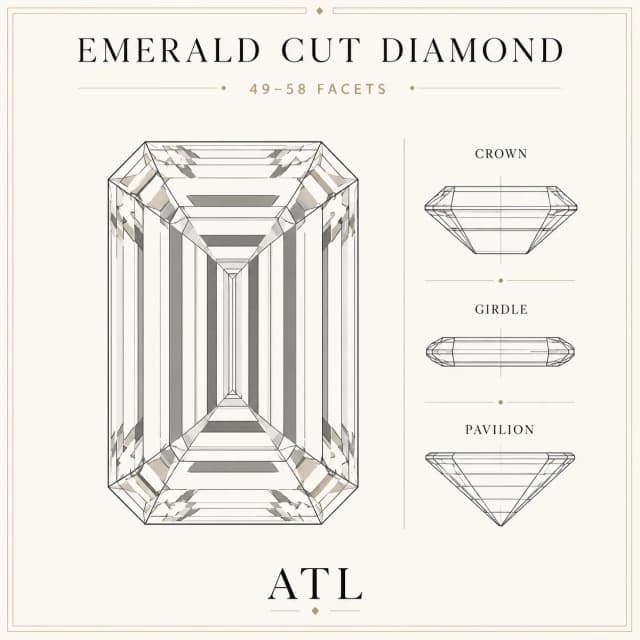 Emerald cut diamond facet diagram showing parallel step-cut faceting and rectangular outline with cropped corners