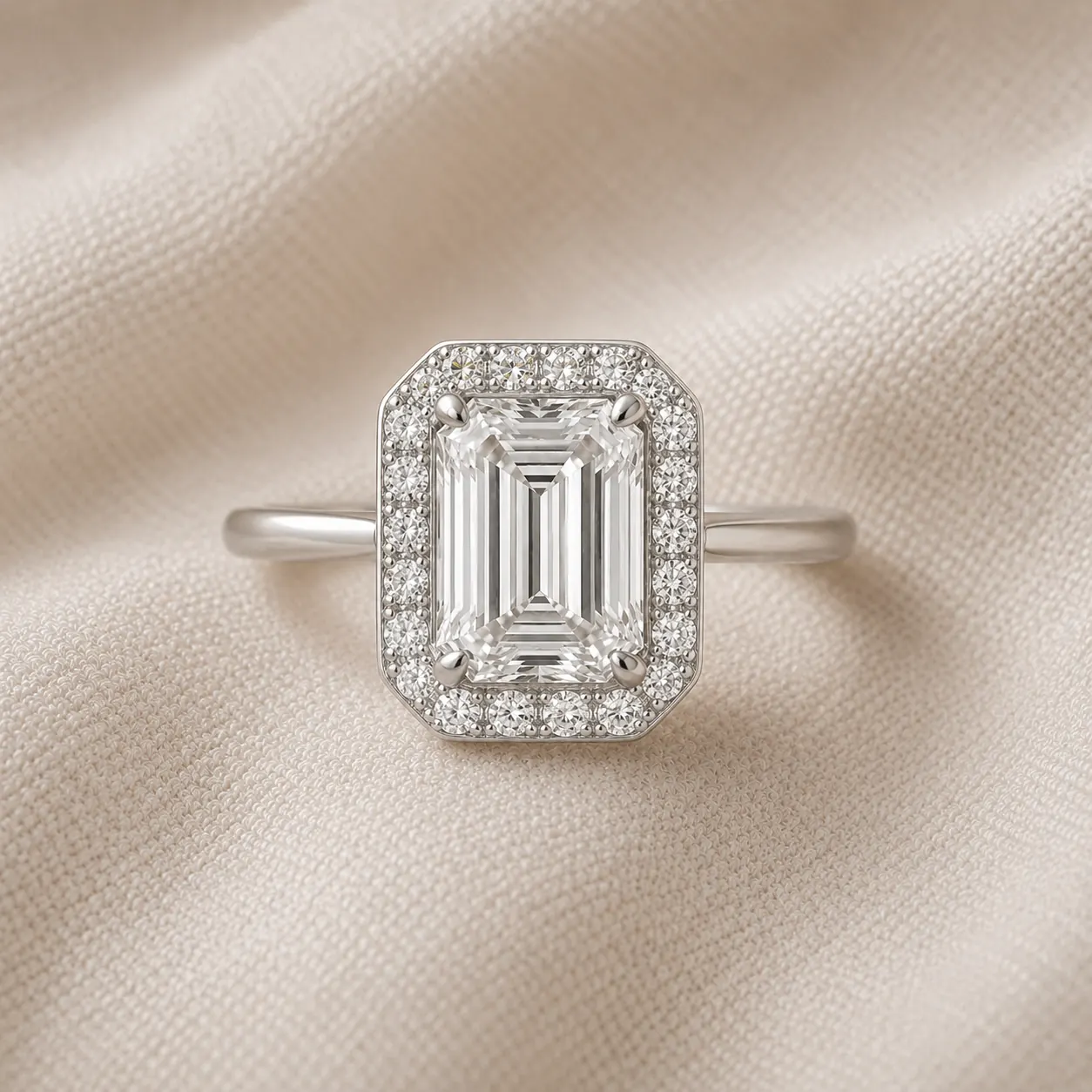 Emerald cut halo engagement ring with pavé diamond halo