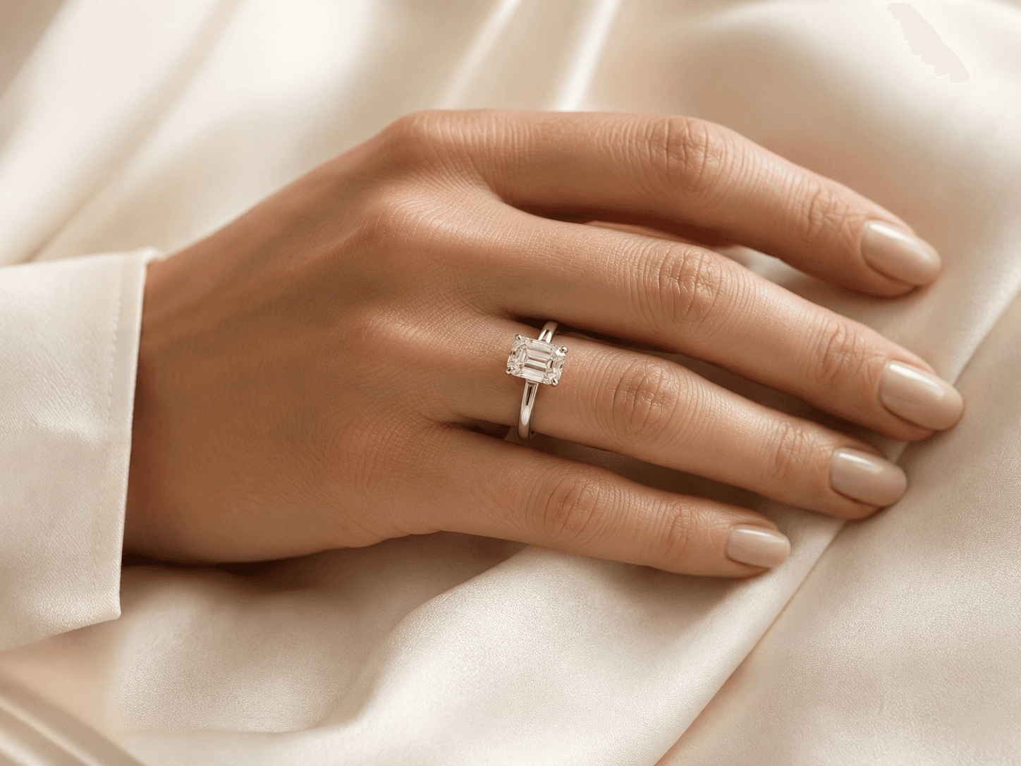 Emerald cut diamond engagement ring on a woman's hand resting on cream silk
