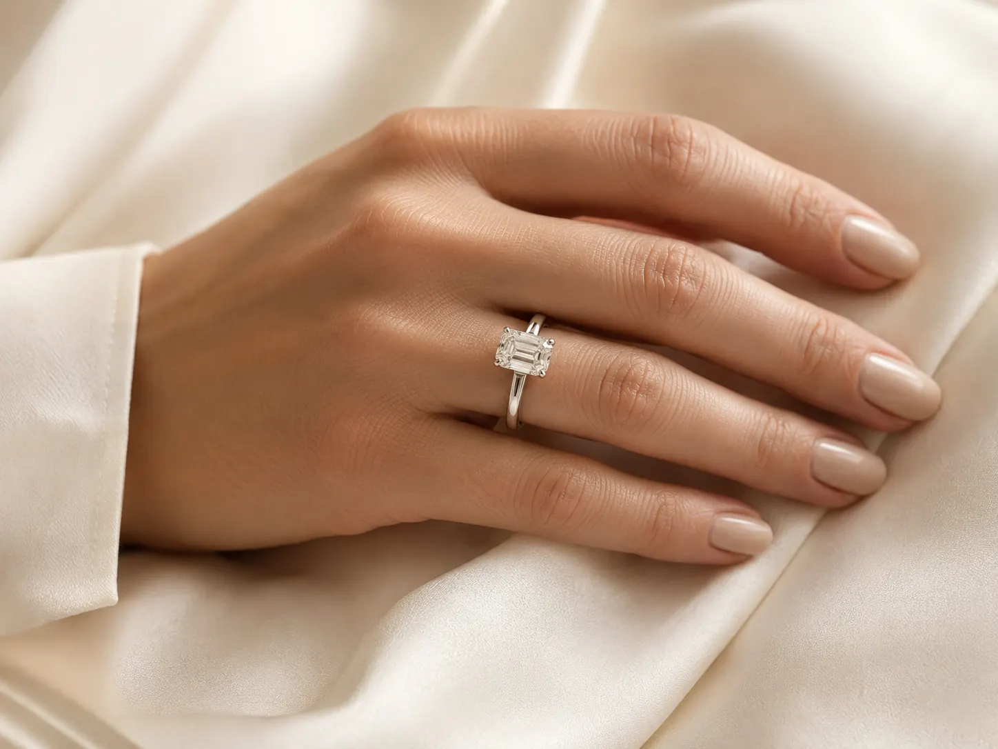 Emerald cut diamond engagement ring on a woman's hand resting on cream silk