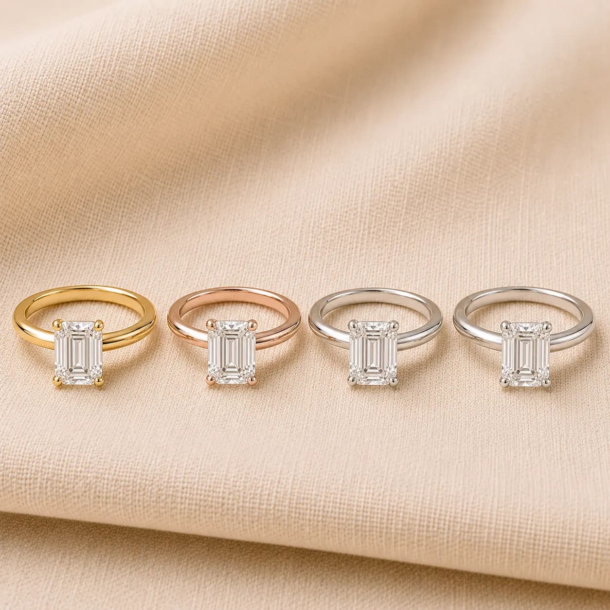 Emerald cut engagement rings in white gold, yellow gold, rose gold, and platinum at ATL Luxury Jewelry Atlanta