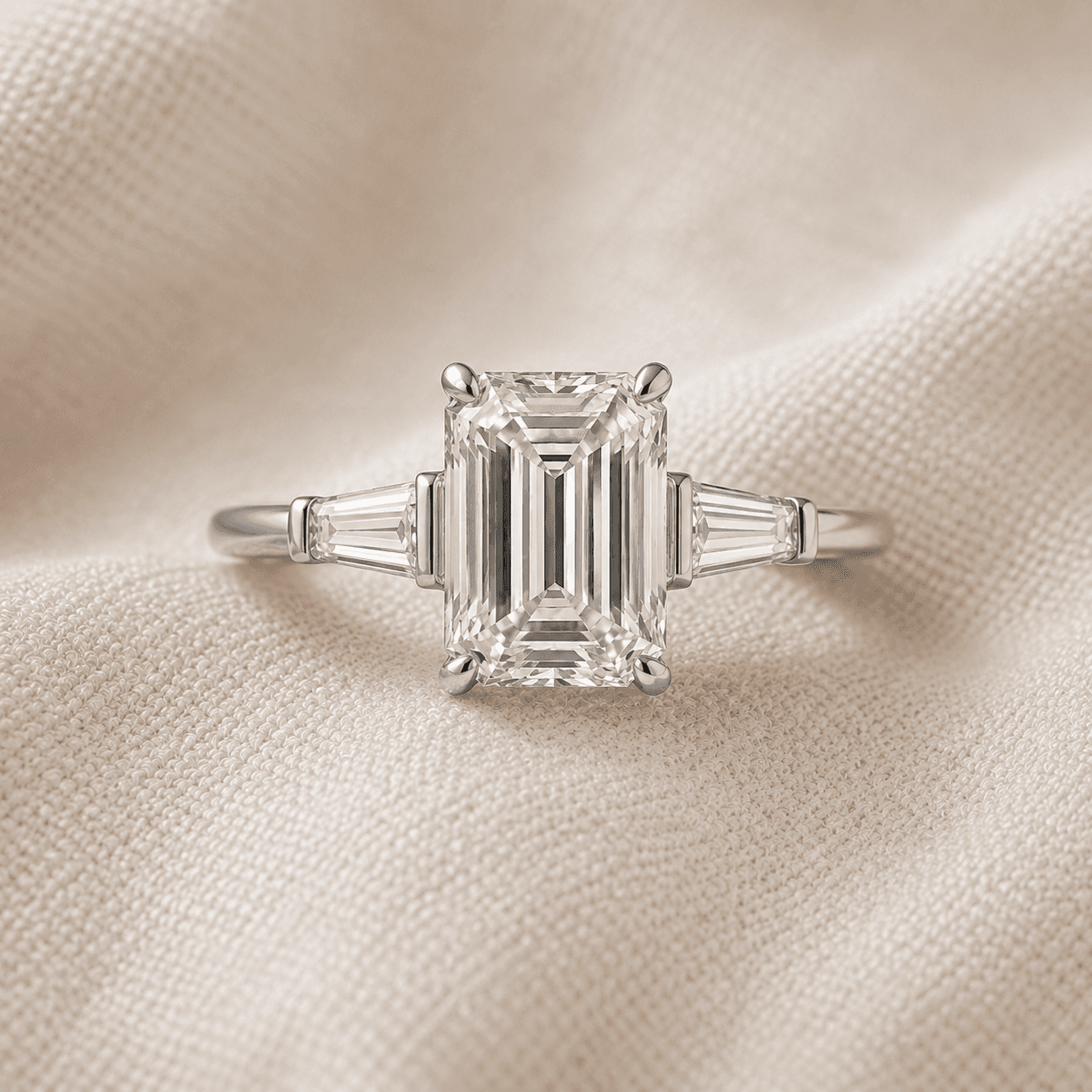 Emerald cut three stone engagement ring