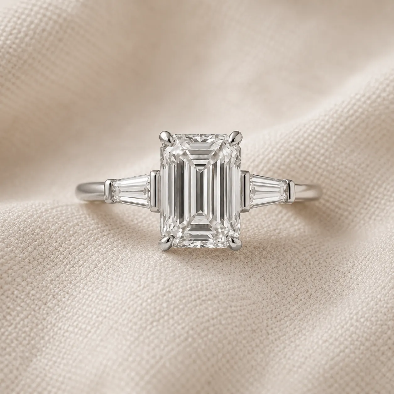 Emerald cut three stone engagement ring