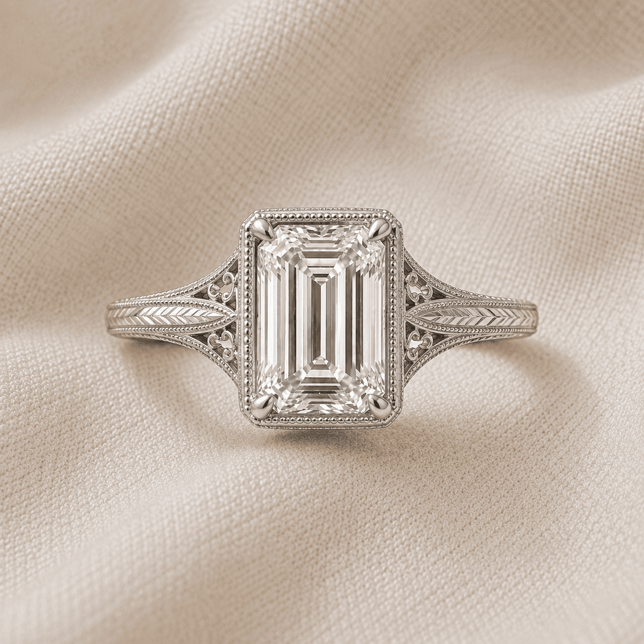 Vintage art-deco emerald cut engagement ring with filigree detail