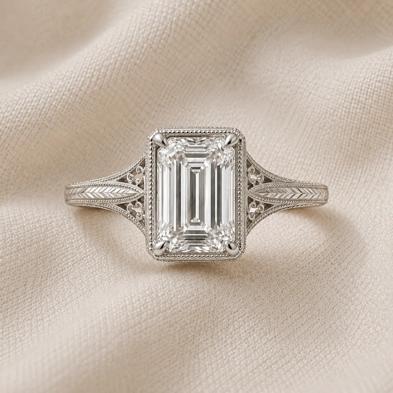 Vintage art-deco emerald cut engagement ring with filigree detail