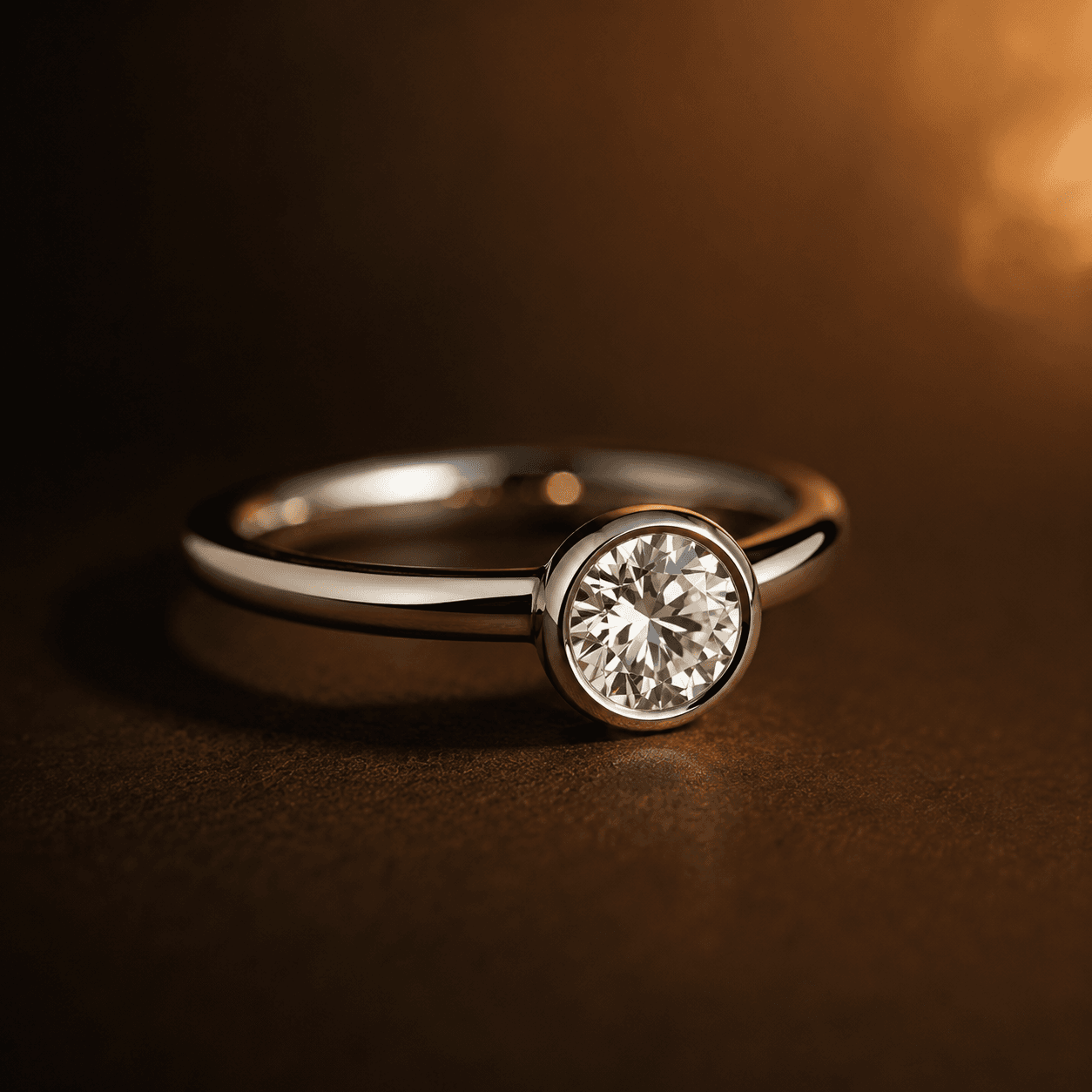 Bezel-set diamond engagement ring in brushed platinum at ATL Luxury Jewelers Atlanta