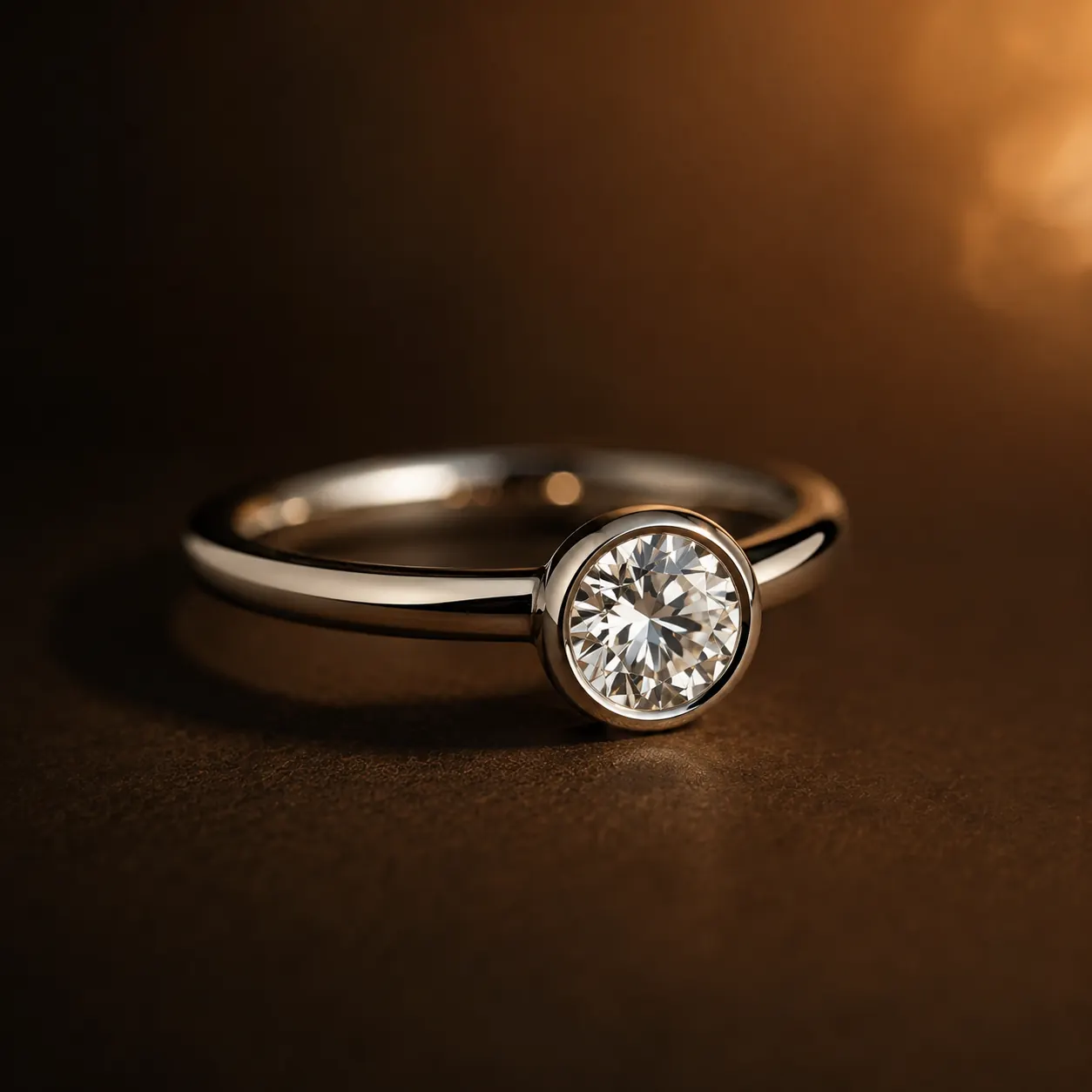 Bezel-set diamond engagement ring in brushed platinum at ATL Luxury Jewelers Atlanta