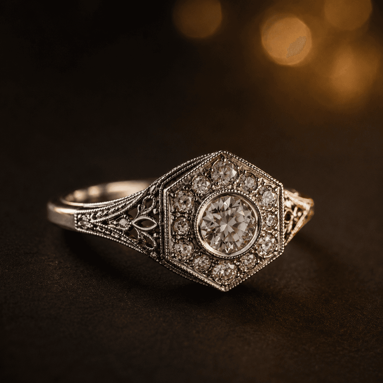 Art Deco engagement ring with milgrain and filigree at ATL Luxury Jewelers Atlanta