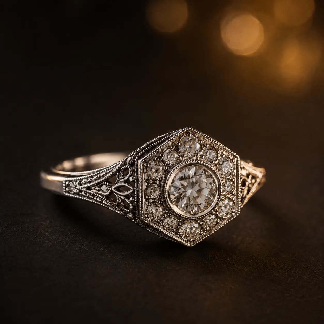 Art Deco engagement ring with milgrain and filigree at ATL Luxury Jewelers Atlanta