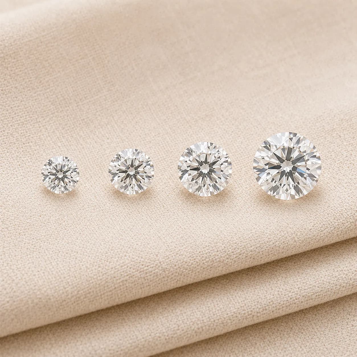Diamond carat weight comparison — 0.5ct, 1ct, 1.5ct, 2ct round brilliants shown side by side