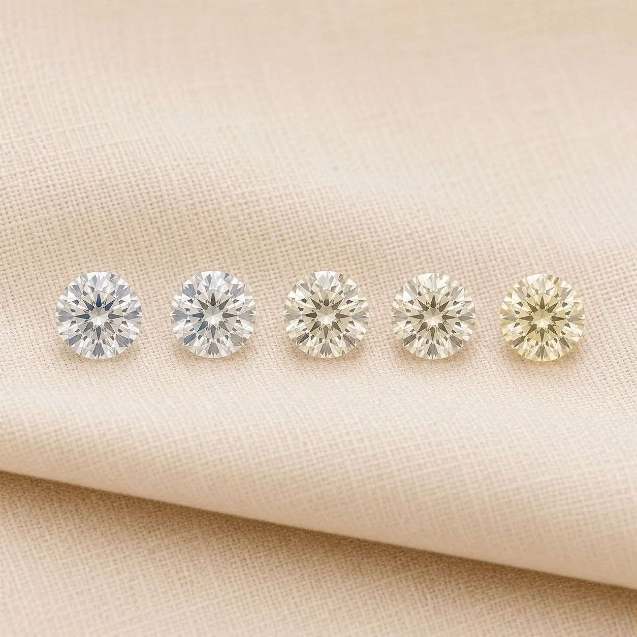 Diamond color grade scale — five diamonds from D colorless to K faint warmth viewed side by side