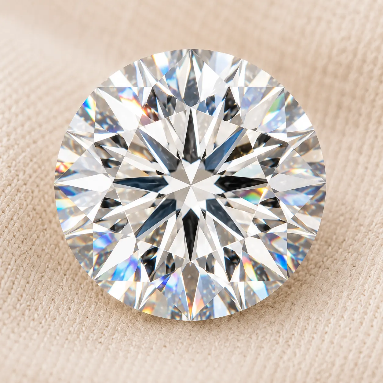 Diamond cut quality — round brilliant viewed top-down showing facet pattern and bright light reflection