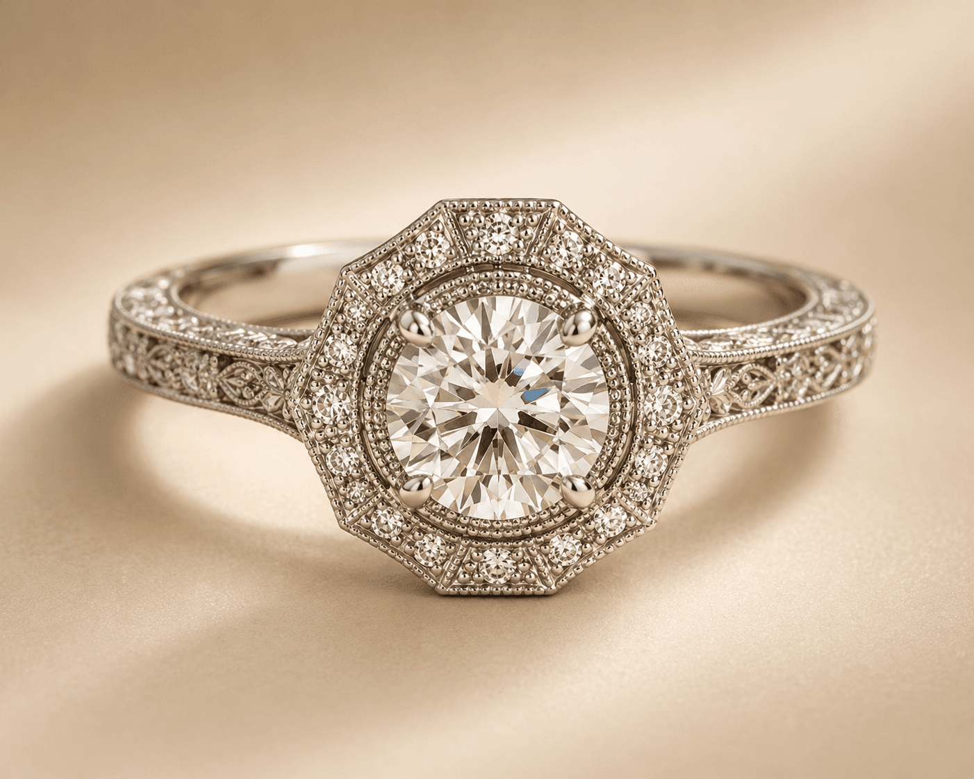 Vintage-style halo ring detail