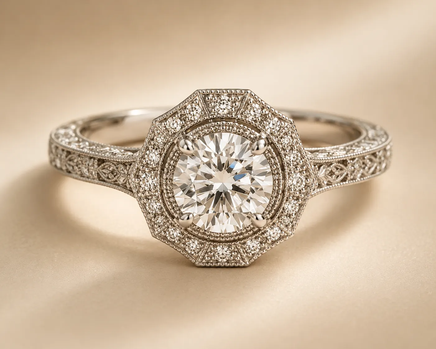 Vintage-style halo ring detail