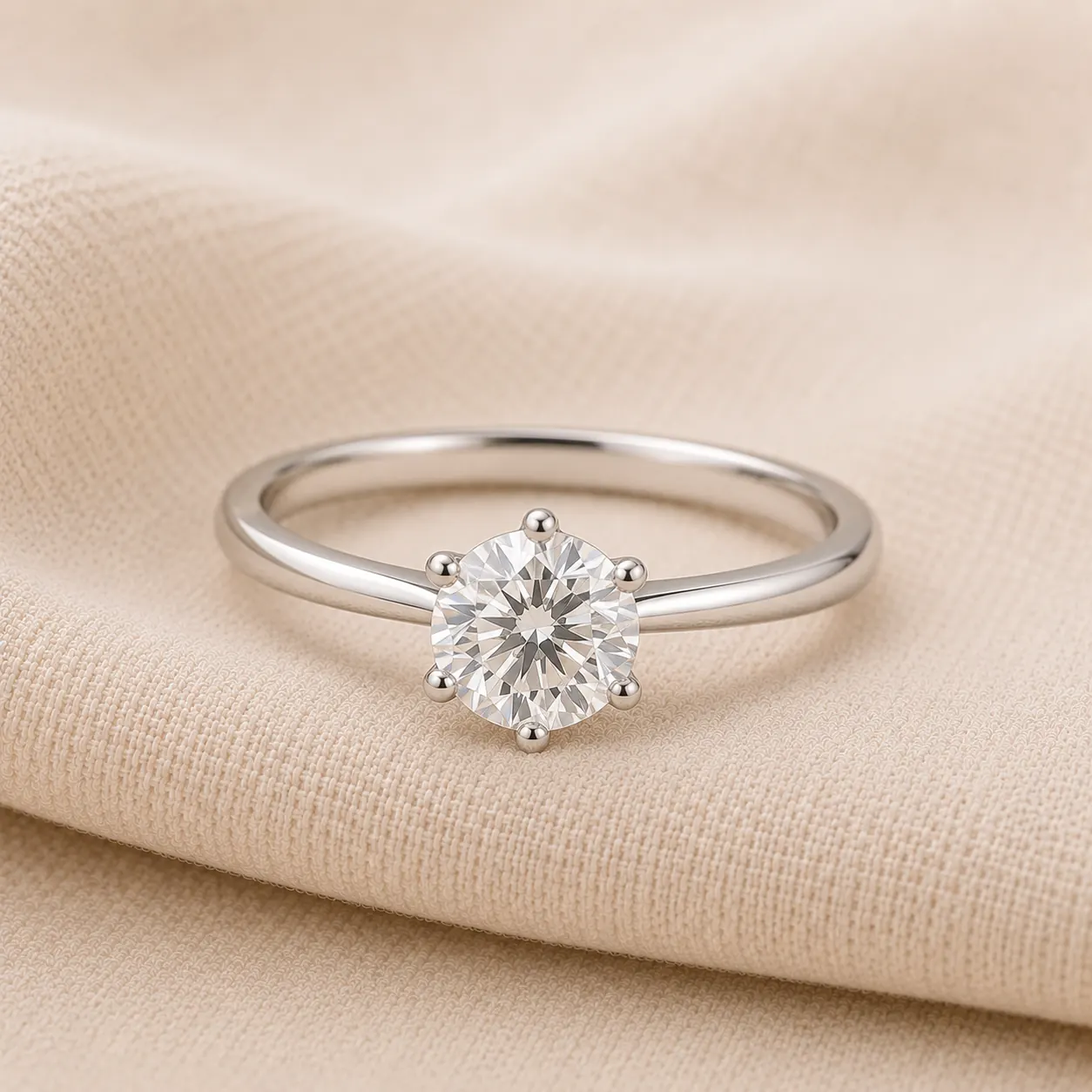 Diamond engagement ring for women on cream linen at ATL Luxury Jewelers Atlanta