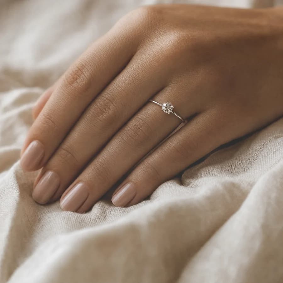Close-up of a hand resting on cream linen, wearing a 0.5 carat round diamond solitaire on a slim white gold band