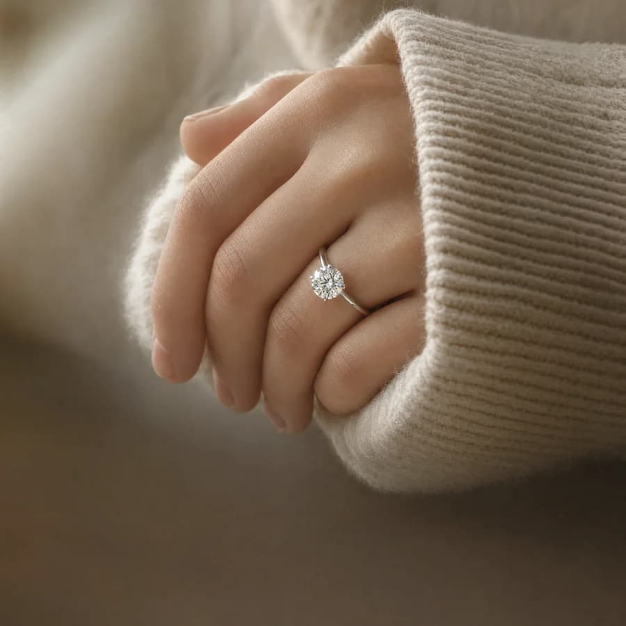 Close-up of a hand against a cream cashmere cuff, wearing a 0.75 carat round diamond solitaire on a white gold band