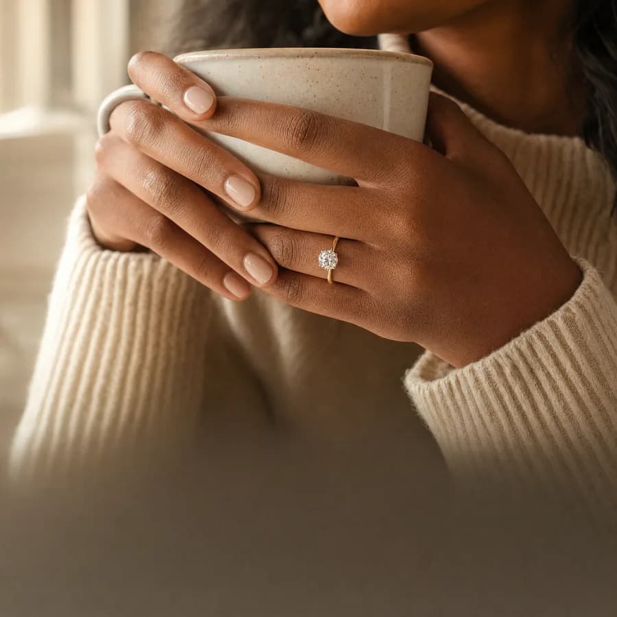 Woman's hands around a ceramic mug, wearing a 1.5 carat round diamond engagement ring in yellow gold