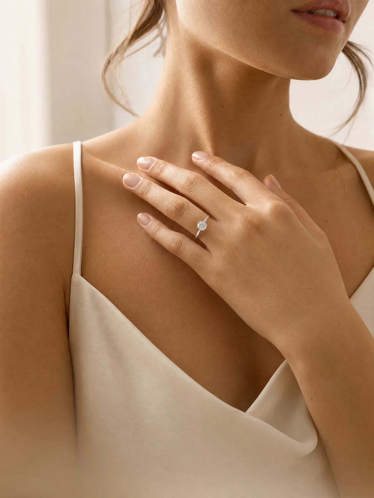 Woman wearing a 1 carat round diamond engagement ring, hand resting at her collarbone