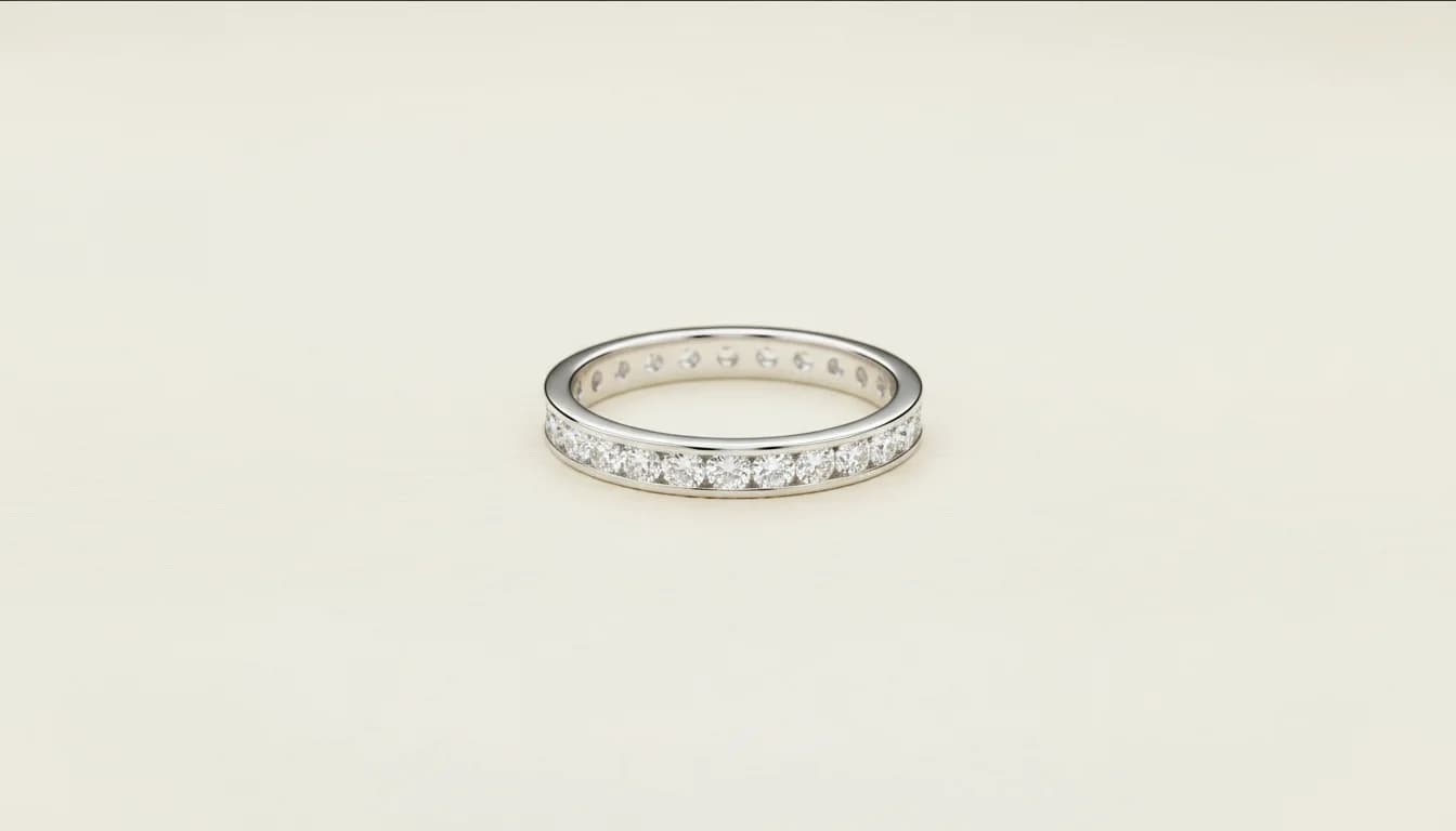 Diamond eternity gold wedding band on cream linen at ATL Luxury Jewelry Atlanta