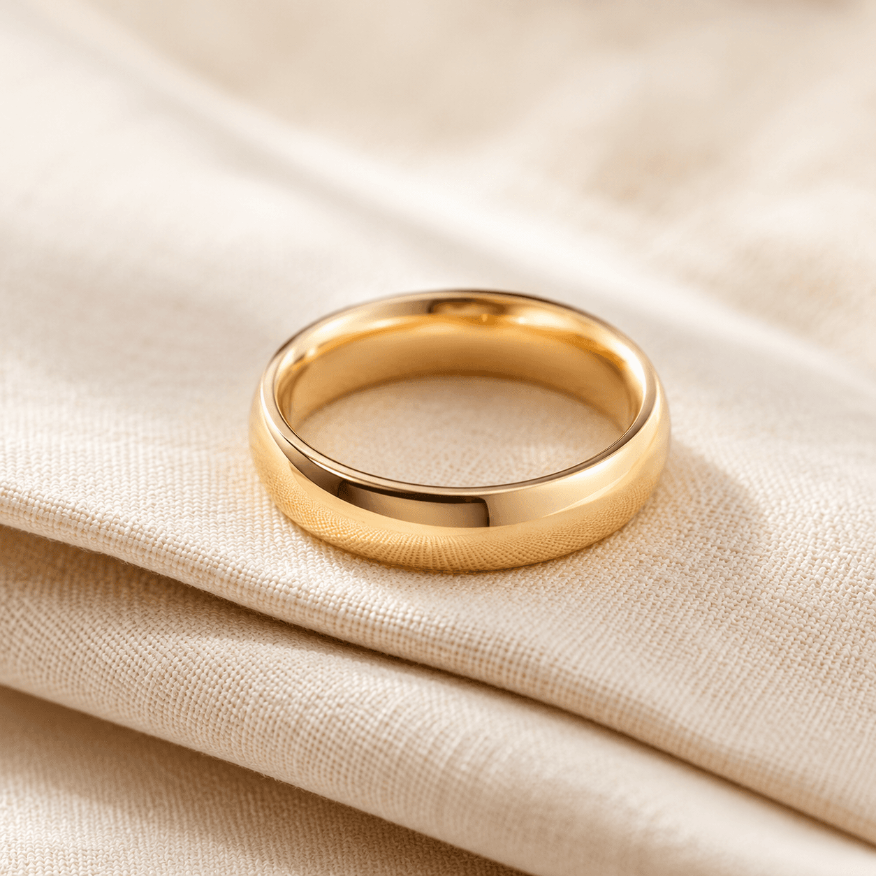 14K yellow gold wedding band on cream linen at ATL Luxury Jewelers Atlanta