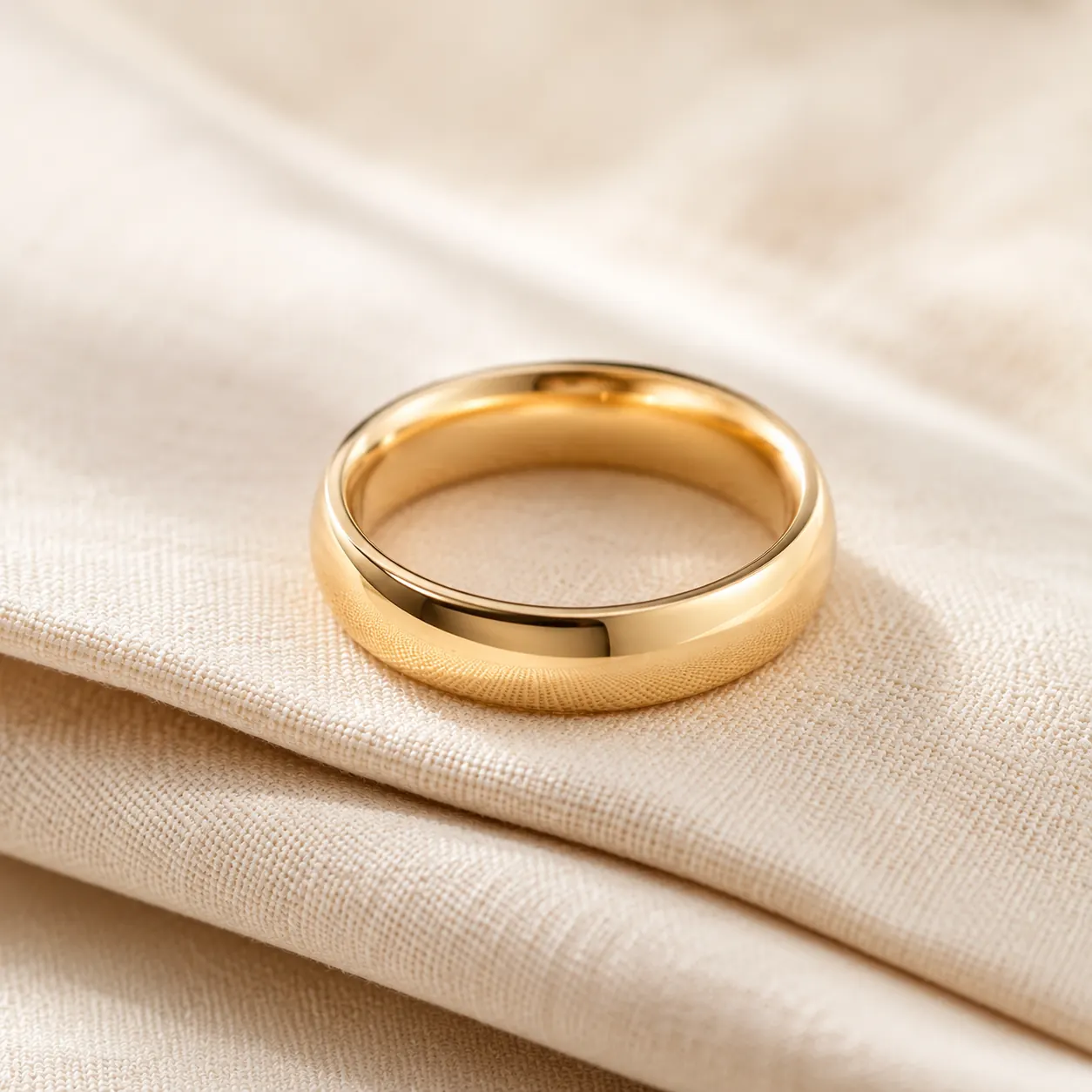 14K yellow gold wedding band on cream linen at ATL Luxury Jewelry Atlanta