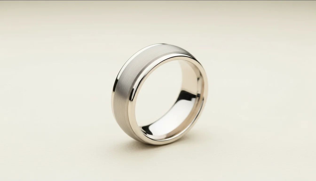 Men's brushed platinum wedding band on cream linen at ATL Luxury Jewelry Atlanta