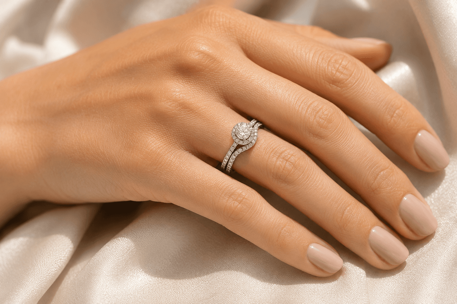 Curved diamond enhancer paired with a halo engagement ring on a woman's hand