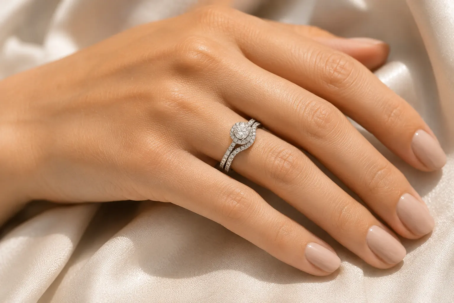 Curved diamond enhancer paired with a halo engagement ring on a woman's hand
