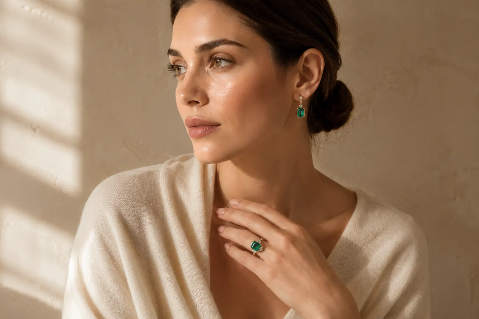 Emerald jewelry worn at ATL Luxury Jewelry Atlanta showroom