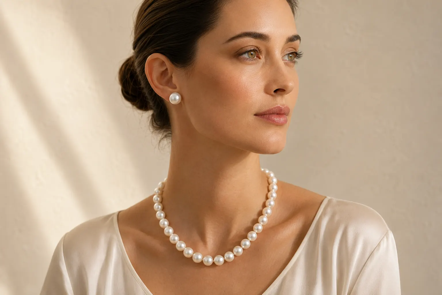 Pearl jewelry worn at ATL Luxury Jewelers Atlanta showroom