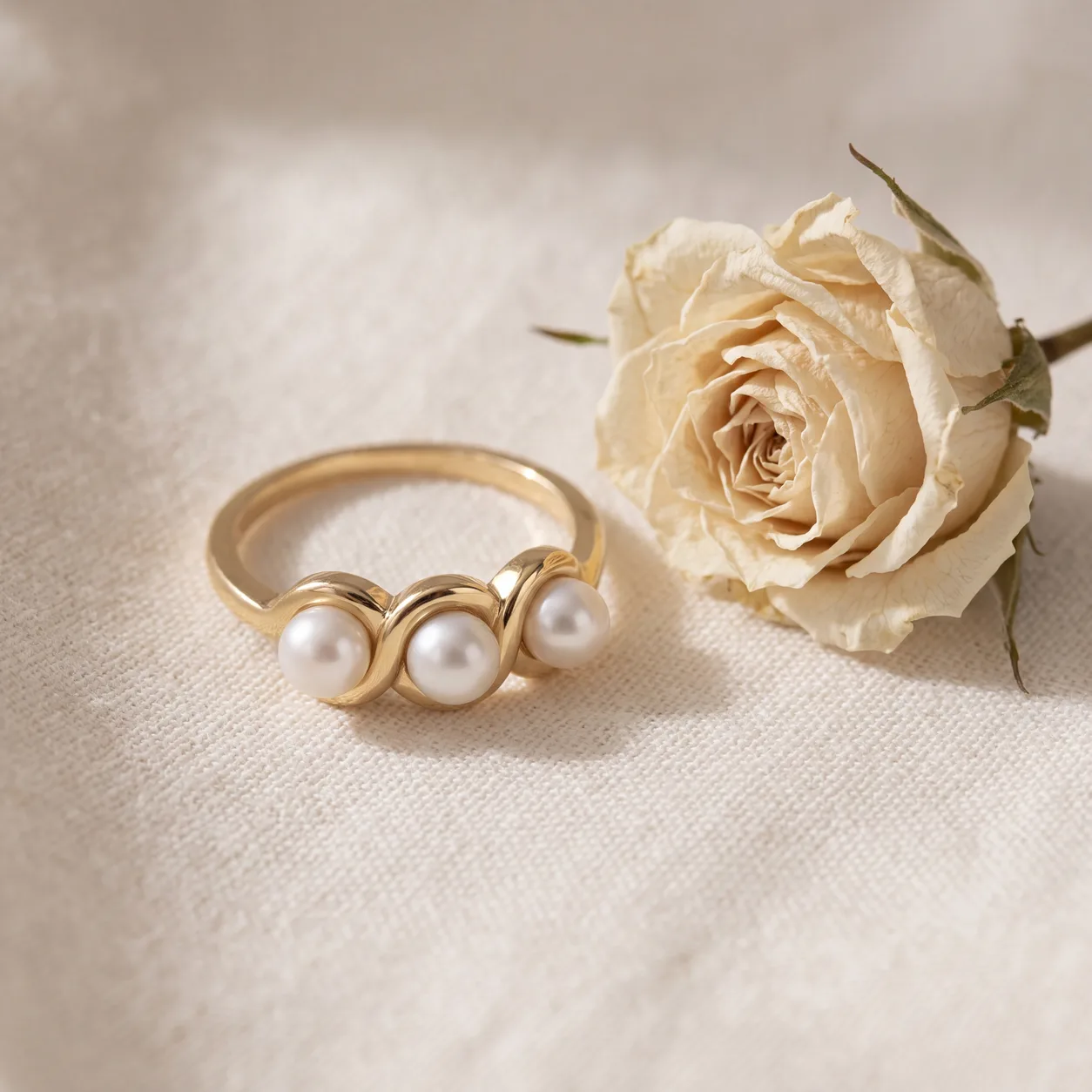 A hand wearing a diamond anniversary ring against neutral fabric.