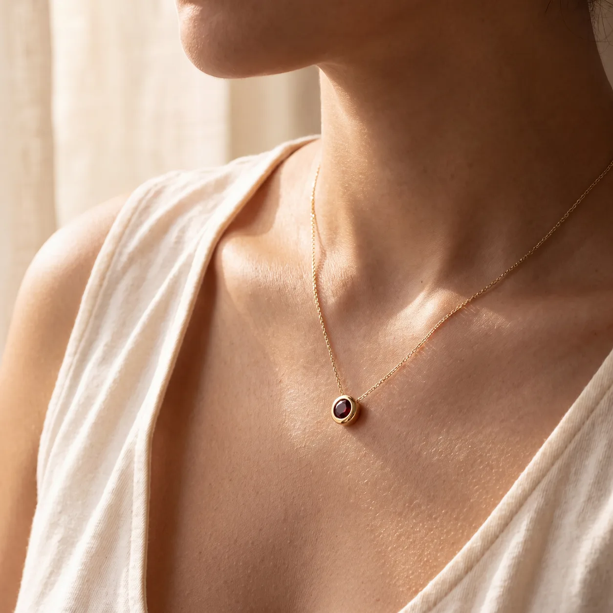A woman wearing a gold necklace with a dark red gemstone pendant.