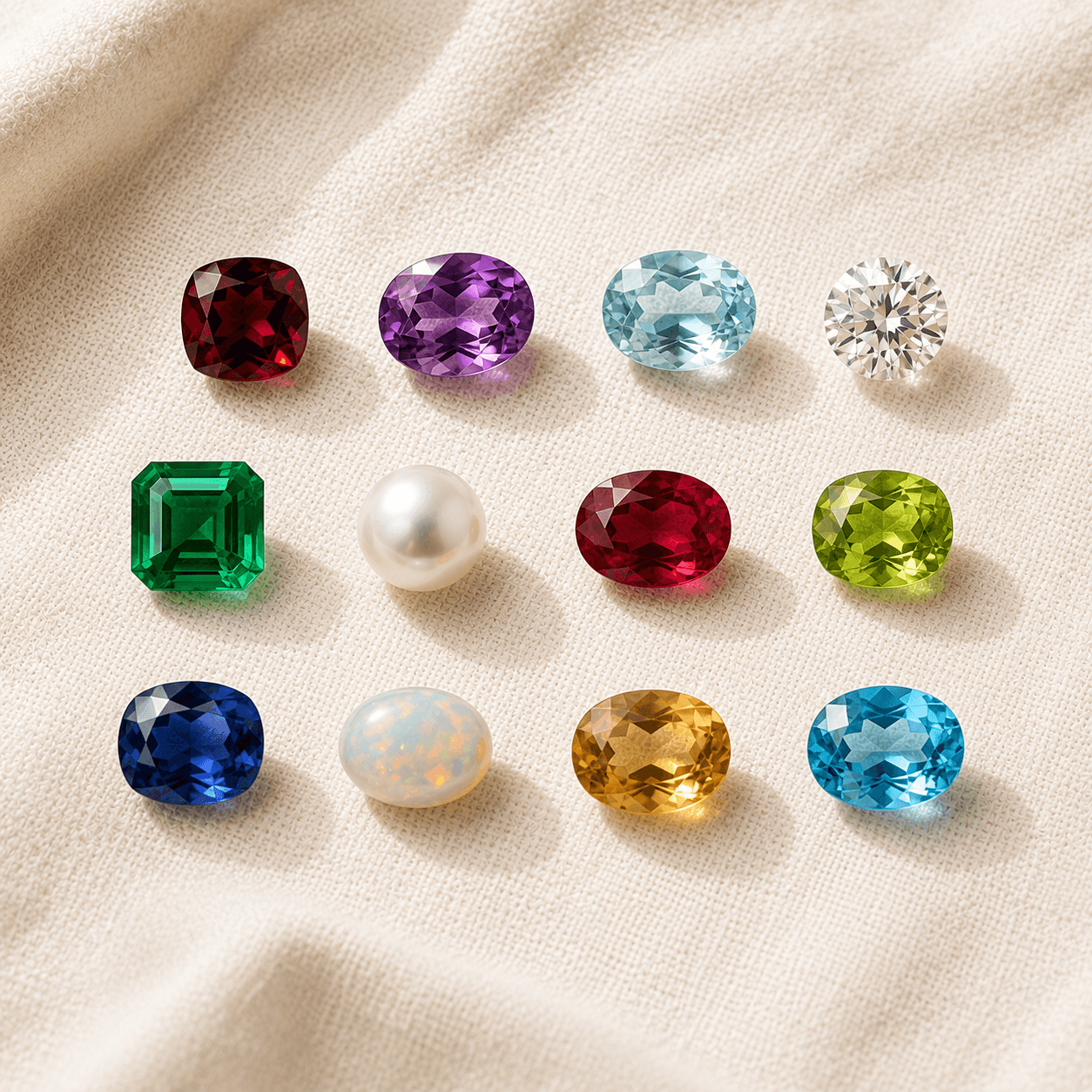 Twelve birthstones arranged by month on cream linen at ATL Luxury Jewelers Atlanta