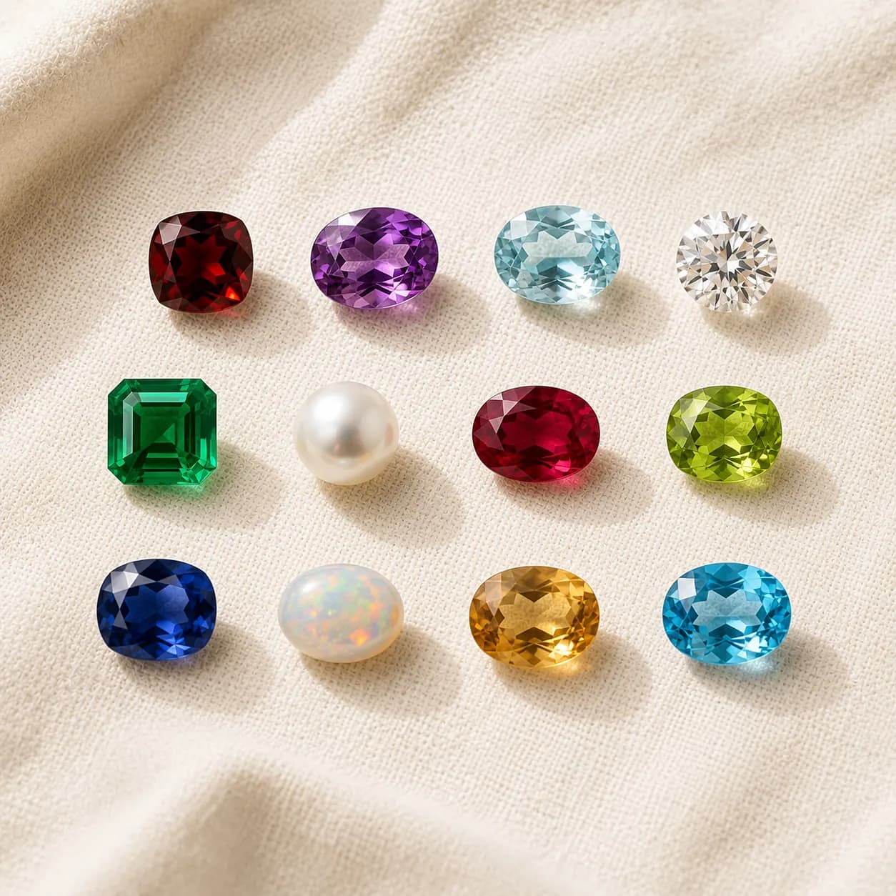 Twelve birthstones arranged by month on cream linen at ATL Luxury Jewelry Atlanta