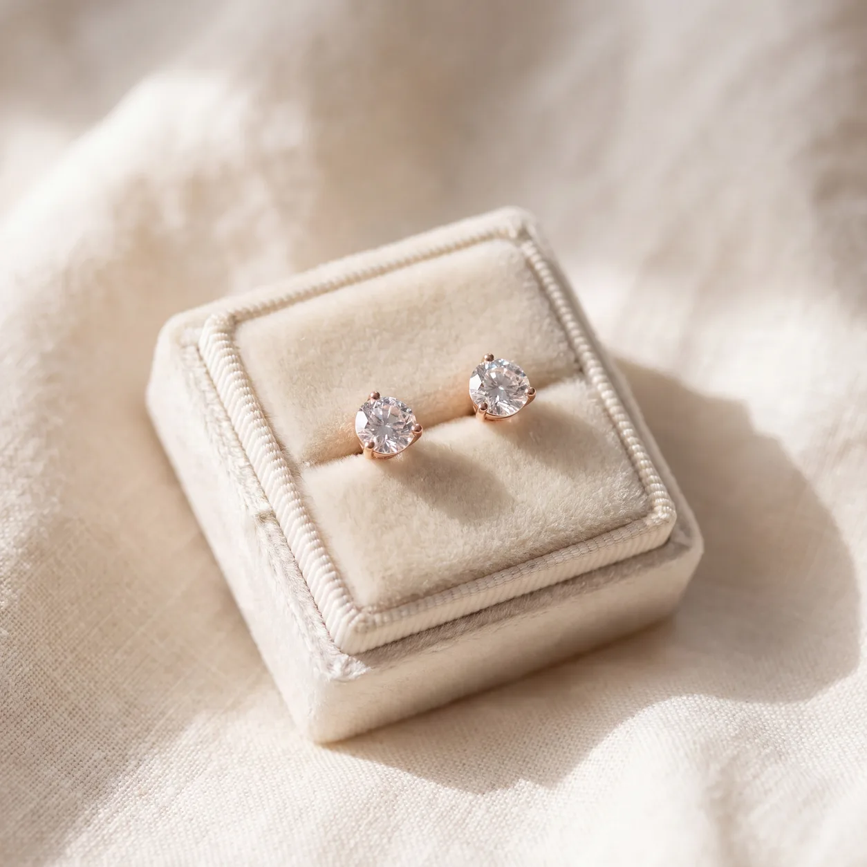 A pair of diamond stud earrings in an open ring box