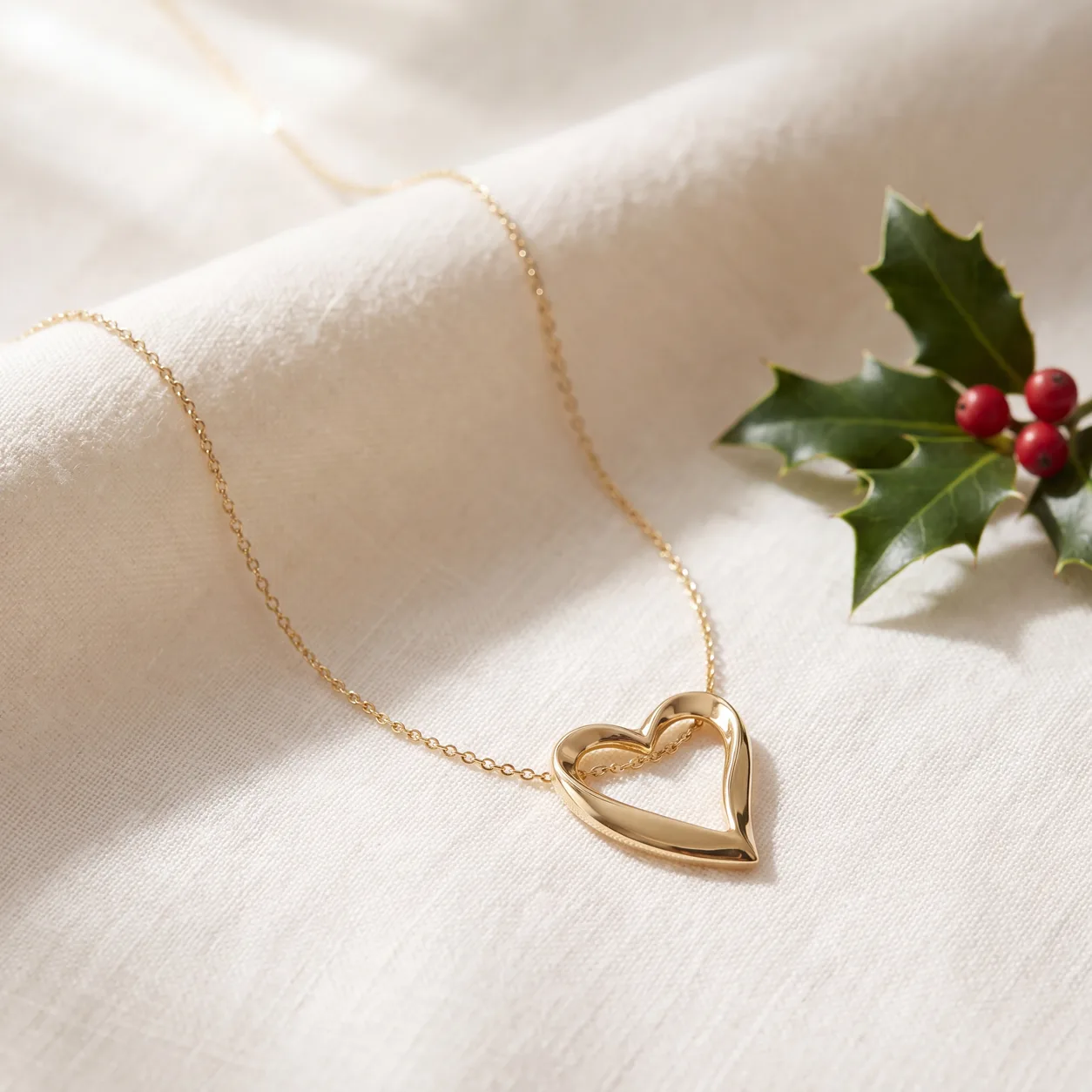 A gold and diamond pendant necklace on cream linen