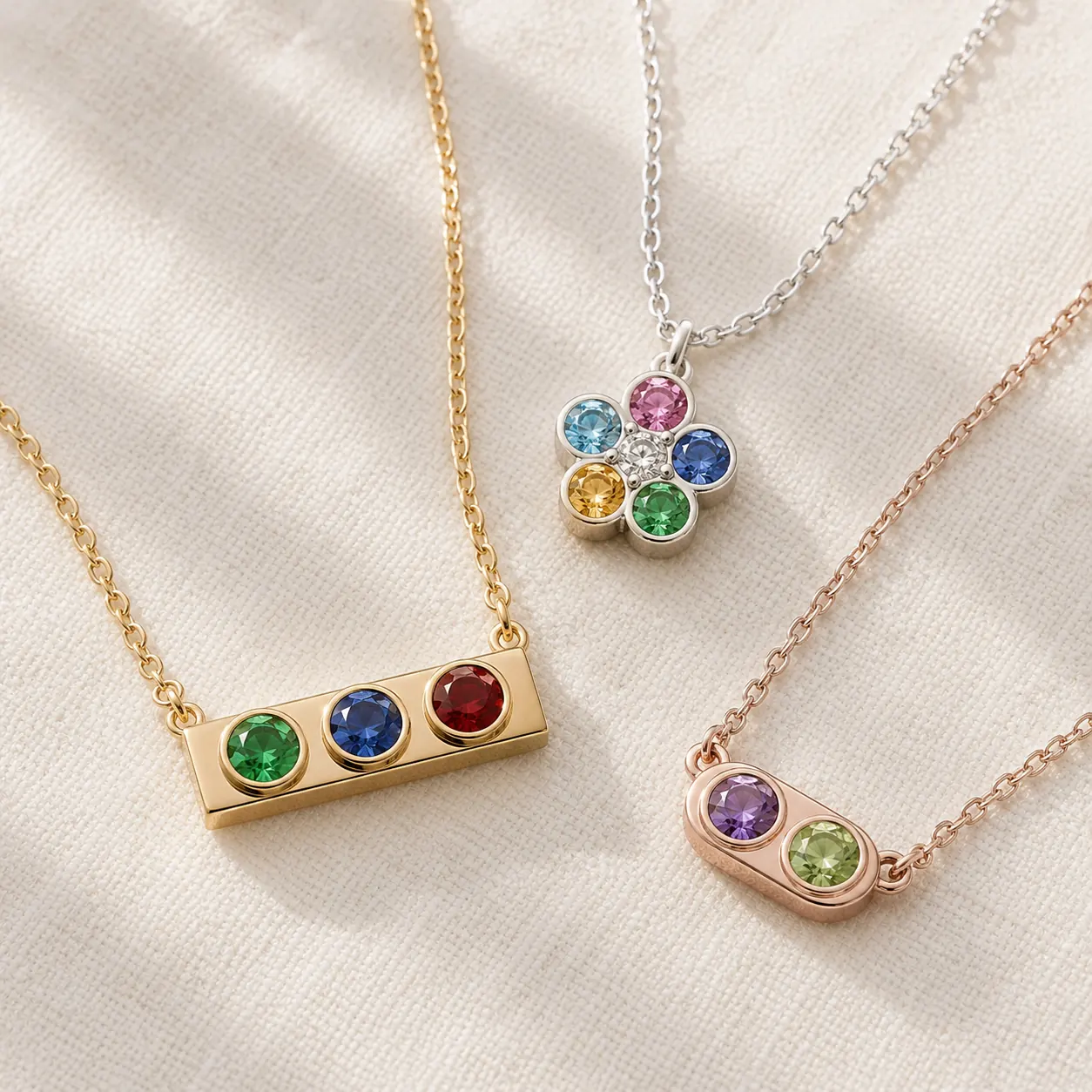 Multi-stone birthstone pendant with three children's birthstones in 14K yellow gold at ATL Luxury Jewelry