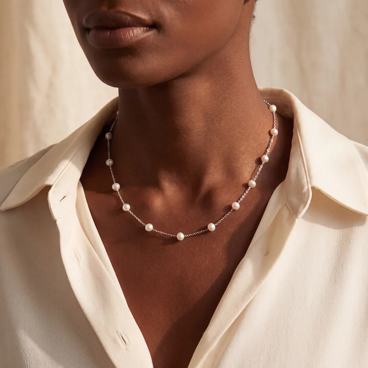 A woman's neck and collar wearing a pearl station necklace over a cream blouse.