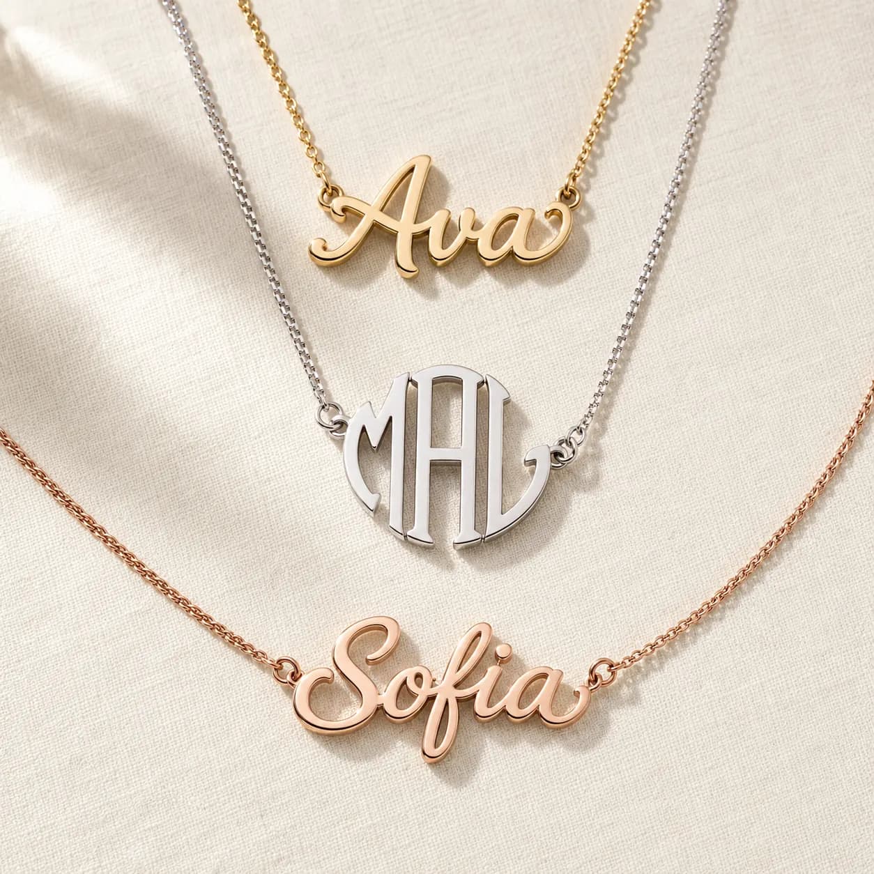 Gold name necklace and family monogram pendant on cream linen at ATL Luxury Jewelry Atlanta