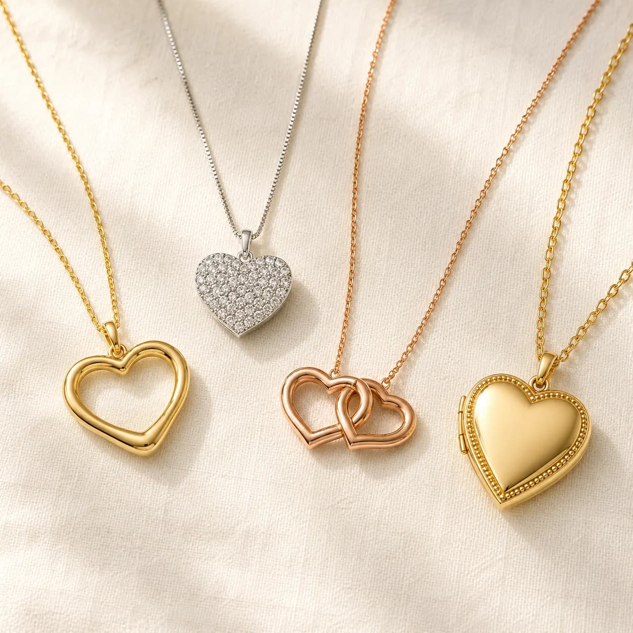 Four heart pendant designs in gold and rose gold on cream linen