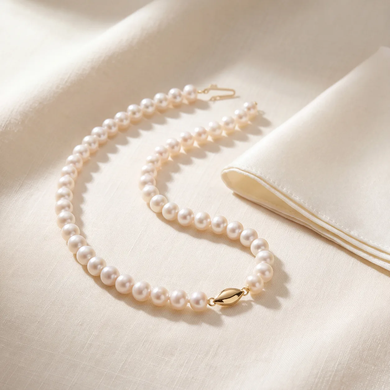 A strand of pearls coiled on a jewelry tray