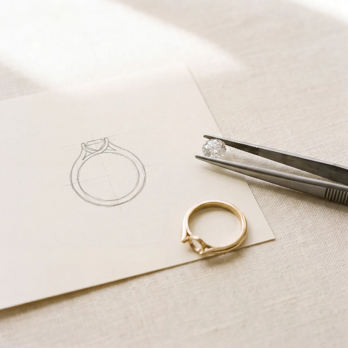 A design study on cream linen: a pencil drawing of a solitaire ring beside a gold ring and tweezers holding a round diamond